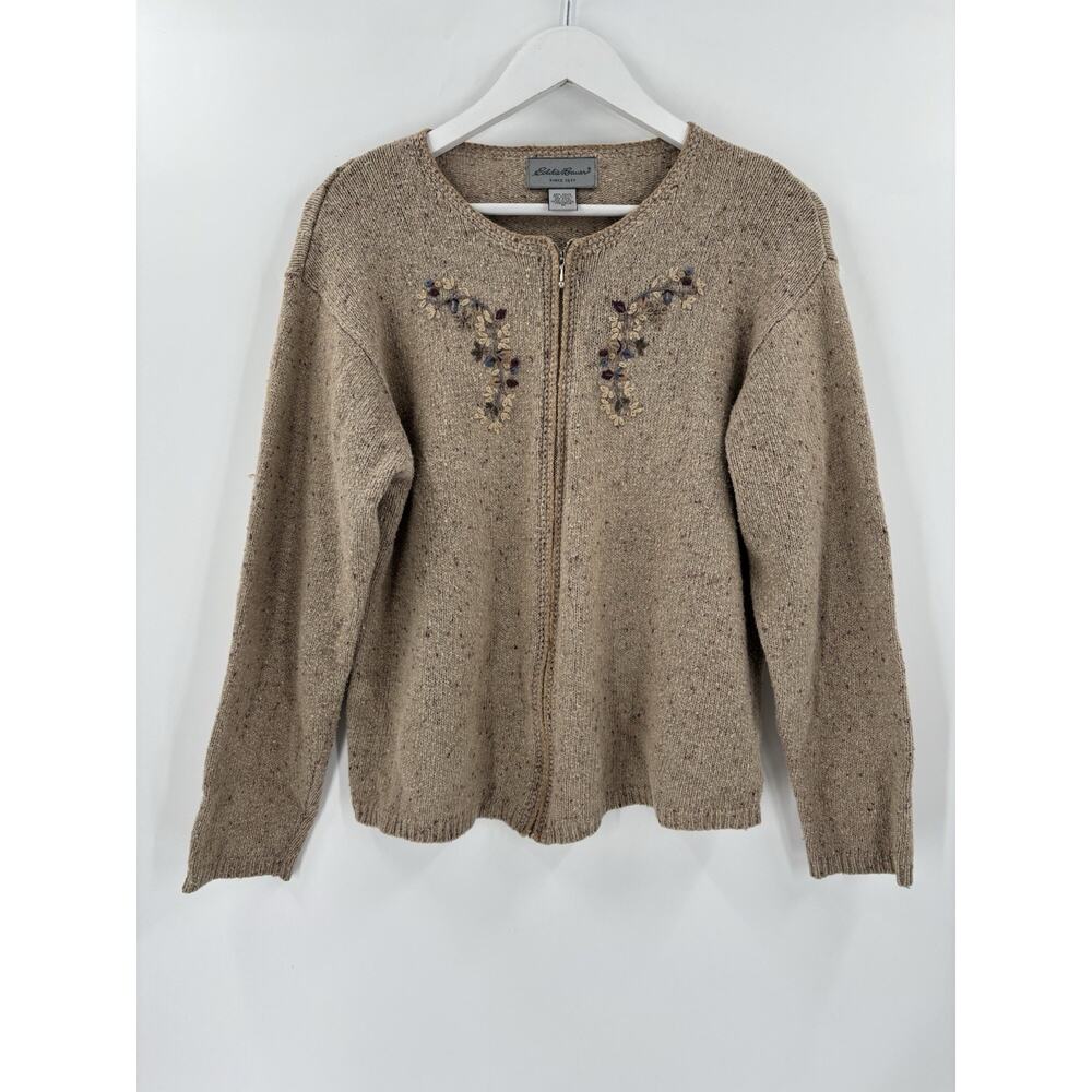 Vintage Eddie Bauer Zip Cardigan Sweater Womens Medium Brown Floral Embroidered